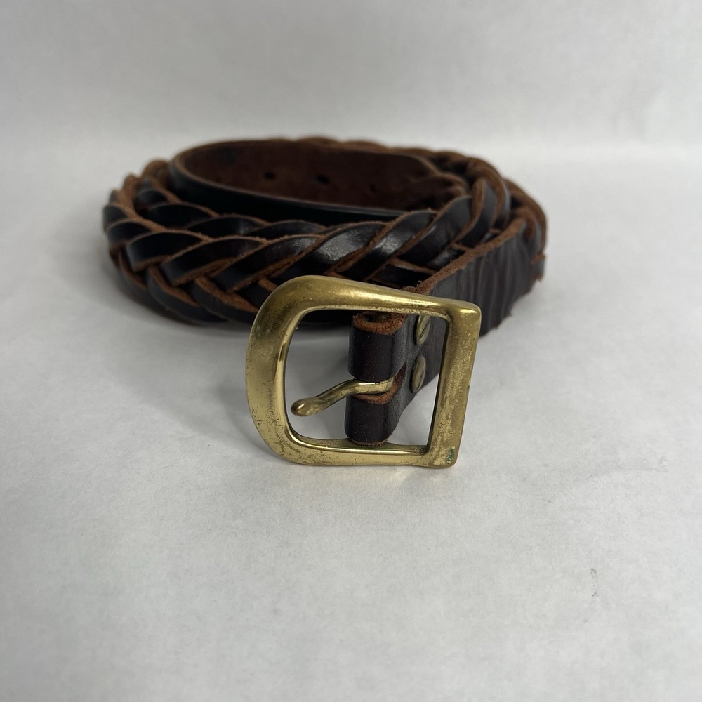 Vintage Women's Braided Belt XL 38-42 Brown Genuine Leather Solid Brass Buckle